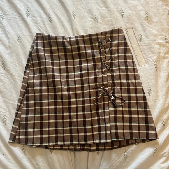 Plaid Brown Skirt with Lace-Up Detail - Picture 1 of 5
